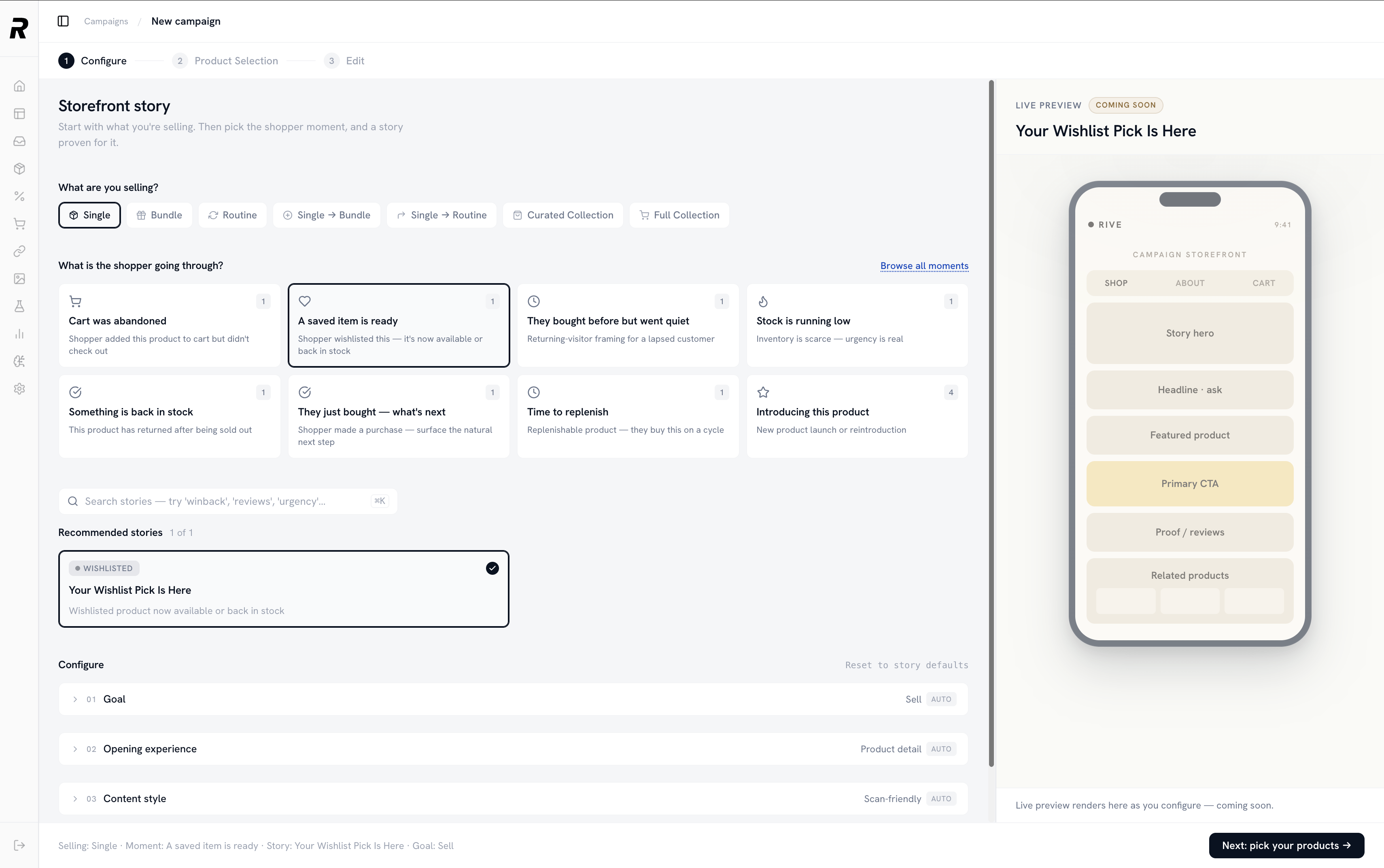 Configurator UI - inputs to live storefront